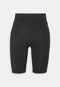 Czarne szorty rowerowe wykonane z elastycznego materiału. Wysoki pas dla wygody. Gładka tekstura z przeszyciami po bokach.