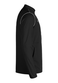 Zwarte sportjack met hoge kraag, lange mouwen en witte accentstiksels. Heeft een slank ontwerp en vervaardigd uit lichte, gladde stof.