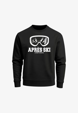 Black sweatshirt featuring a white graphic of ski goggles and mountains, along with the text "APRÈS SKI PARTYCREW" below.