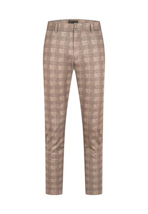 Pantalons à carreaux brun clair avec une coupe ajustée, dotés d'une fermeture à bouton et de passants de ceinture, présentés sur un fond uni.