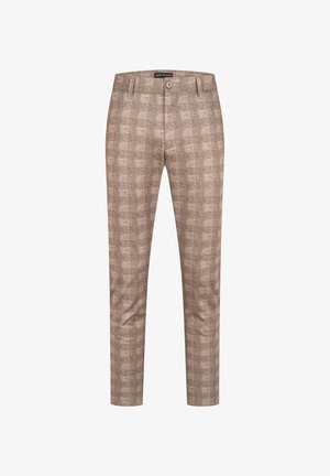 Pantaloni a quadri marrone chiaro con vestibilità sartoriale, dotati di chiusura a bottone e passanti per cintura, mostrati su uno sfondo neutro.