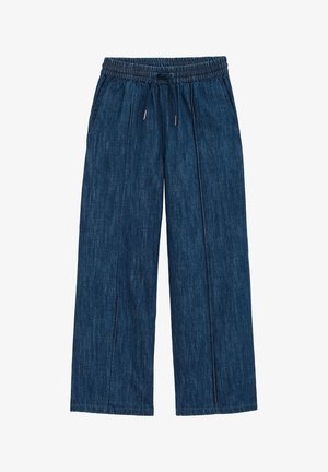 Široke traperice u tamnoplavoj boji s elastičnim pojasom, detaljem na vezivanje i dva bočna džepa; glatka tekstura i ležeran dizajn.