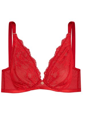 Czerwony stanik z koronką, ozdobiony geometrycznym wzorem siateczki, z regulowanymi ramiączkami i złotym logo z przodu. Miękka faktura z kwiatowymi koronkami.
