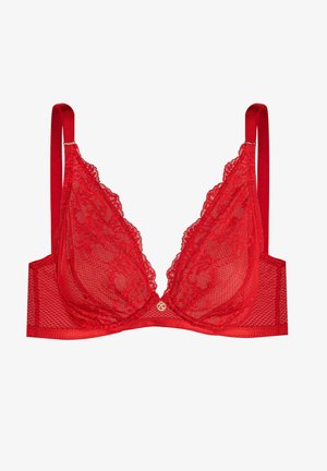 Czerwony stanik z koronką, ozdobiony geometrycznym wzorem siateczki, z regulowanymi ramiączkami i złotym logo z przodu. Miękka faktura z kwiatowymi koronkami.