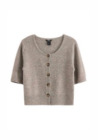 Kortærmet beige cropped cardigan med rund halsudskæring og fem brune knapper foran, ribbet kant og ærmekanter.