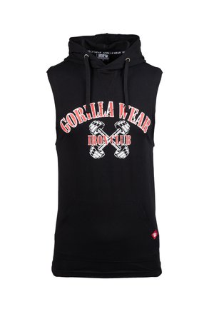 Zwarte mouwloze hoodie met een voorzak, trekkoorden en een grafische print met rode en witte tekst en illustraties van halters.