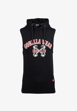 Zwarte mouwloze hoodie met een voorzak, trekkoorden en een grafische print met rode en witte tekst en illustraties van halters.