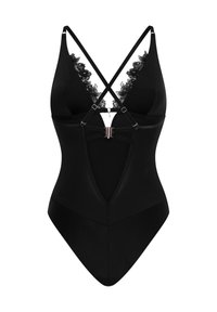 Zwart badpak met kanten rand, diepe V-hals en kruislings gespen. Bevat metalen hardware en heeft een volledig bedekkende onderkant. Glad, rekbaar materiaal.