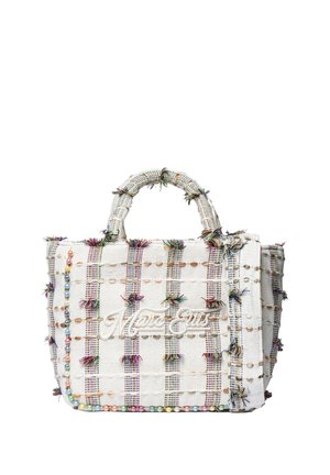 Kleine witte geweven tas met meerkleurige draden, parelkraalaccenten en "Marc Ellis" geborduurd aan de voorkant.
