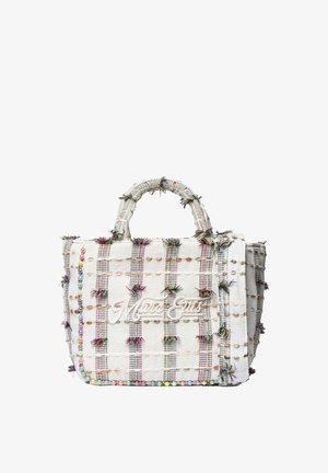 Petit sac fourre-tout blanc tissé avec des fils multicolores, des accents de perles et "Marc Ellis" brodé sur le devant.