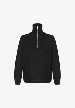 Maglione a coste nere con colletto alto e chiusura a mezzo zip. Presenta maniche lunghe e una vestibilità rilassata. Tessuto morbido in tutto il capo.