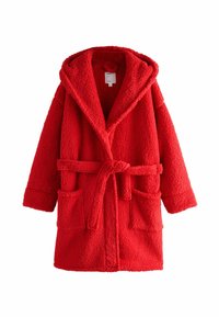 Roter, flauschiger Fleece-Bademantel mit Kapuze, Gürtel und zwei vorderen Taschen. Verfügt über eine strukturierte Oberfläche und weite Ärmel.