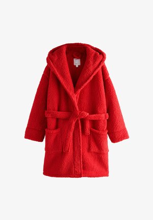 Roter, flauschiger Fleece-Bademantel mit Kapuze, Gürtel und zwei vorderen Taschen. Verfügt über eine strukturierte Oberfläche und weite Ärmel.