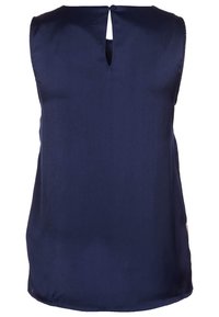 Marineblaue ärmellose Bluse aus glattem Stoff mit rundem Ausschnitt, Rückenschlitzdetails und leicht abgerundeten Saumkanten an den Seiten.