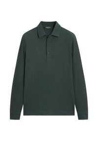 Dunkelgrünes Langarm-Poloshirt aus weichem Stoff, mit klassischem Kragen, Dreiknopf-Leiste und gerippten Bündchen.