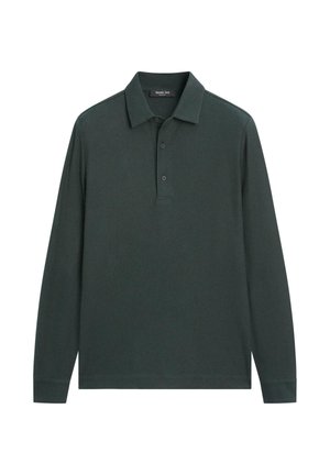 Donkergroen poloshirt met lange mouwen, gemaakt van zacht materiaal, met een klassieke kraag, een plooi met drie knopen en geribbelde manchetten.