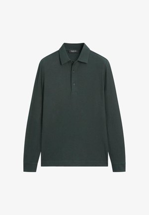 Donkergroen poloshirt met lange mouwen, gemaakt van zacht materiaal, met een klassieke kraag, een plooi met drie knopen en geribbelde manchetten.