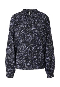 Blouse noire à manches longues avec motif floral abstrait violet clair, encolure plissée et poignets boutonnés.