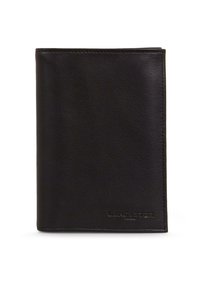 Black leather wallet with a smooth texture, bi-fold design, and embossed "LANCASTER" logo on the lower right corner.