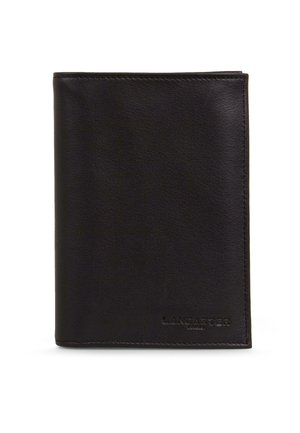 Black leather wallet with a smooth texture, bi-fold design, and embossed "LANCASTER" logo on the lower right corner.