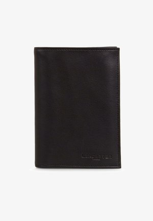 Portafoglio in pelle nera con una texture liscia, design bifold e logo "LANCASTER" in rilievo nell'angolo in basso a destra.