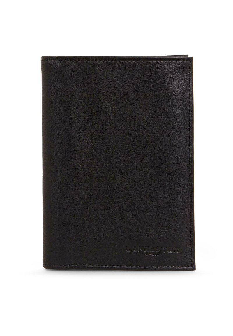 Black leather wallet with a smooth texture, bi-fold design, and embossed "LANCASTER" logo on the lower right corner.