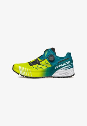 Yellow and teal running shoe with a lightweight mesh upper, featuring a quick-lacing system, grippy outsole, and prominent branding.