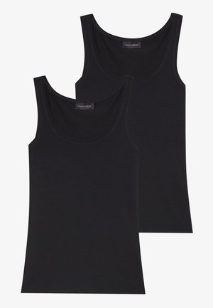 Black tank tops in a set of two, featuring a scoop neckline, sleeveless design, and soft fabric with a smooth texture.
