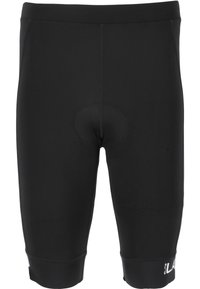 Zwarte fietsbroek gemaakt van rekbaar materiaal, met een gevoerd chamois gedeelte, elastische taille en contrasterend logo detail aan de zoom.