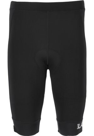 Sorte cykelshorts lavet af strækbart materiale, med en polstret chamois-område, elastisk talje og kontrasterende logo detaljer ved kanten.