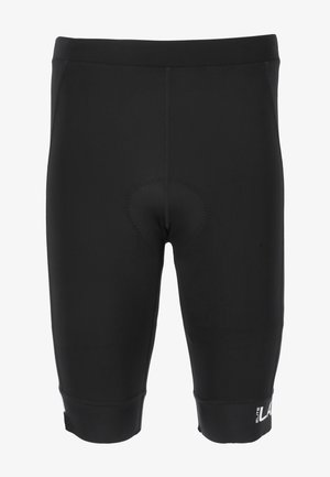 Sorte cykelshorts lavet af strækbart materiale, med en polstret chamois-område, elastisk talje og kontrasterende logo detaljer ved kanten.