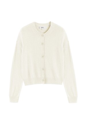 Cardigan beige chiaro, design a metà vita, con scollatura tonda, sette bottoni frontali e polsini e orlo a coste. Texture morbida.