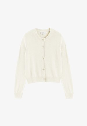 Hellbeige Strickjacke, mittellange Cropped-Design, mit Rundhalsausschnitt, sieben Knöpfen auf der Vorderseite sowie gerippten Bündchen und Saum. Weiche Textur.