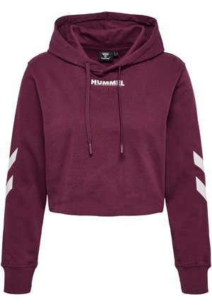 Sweat à capuche court bordeaux avec cordons, logo hummel blanc sur la poitrine et bandes blanches en chevrons sur chaque manche.