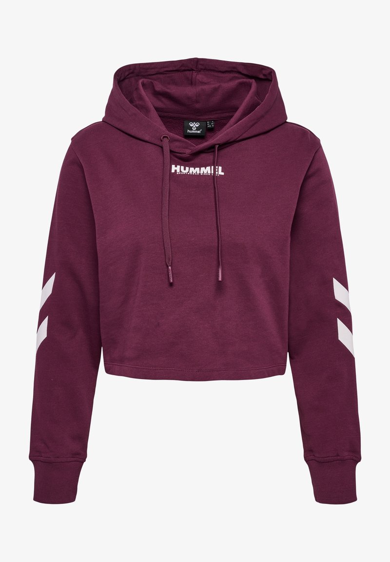 Sweat à capuche court bordeaux avec cordons, logo hummel blanc sur la poitrine et bandes blanches en chevrons sur chaque manche.