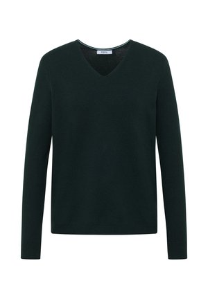 Dunkelgrüner V-Ausschnitt-Pullover mit langen Ärmeln, aus weichem Strickmaterial gefertigt, mit gerippten Bündchen und Saum für eine taillierte Passform.
