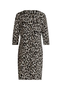 Leopardenmusterkleid mit 3/4-Ärmeln; grauer Grund mit schwarzen Punkten; lockere Passform; weicher Stoff; gerader Saum. Rückansicht.