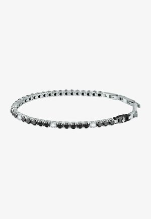 Zilveren armband met afwisselend zwarte en heldere edelstenen in een flexibele ontwerp. Sluitingdetail bevat een zwart accent.