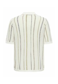 Chemise en maille blanche à manches courtes avec des rayures verticales olive et grises et un col uni, vue de dos.
