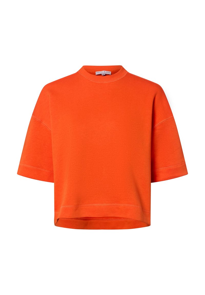 Felpa arancione a maniche corte con scollo tondo, vestibilità ampia e orlo cucito. Realizzata in tessuto morbido, presenta un design semplice.