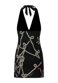 Black halter dress featuring a deep V-neck and intricate rope and floral patterns in soft colors, tied at the back with black ribbons.