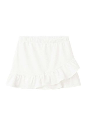 Mini-jupe blanche style portefeuille avec taille élastique et ourlet à volants, en tissu léger.