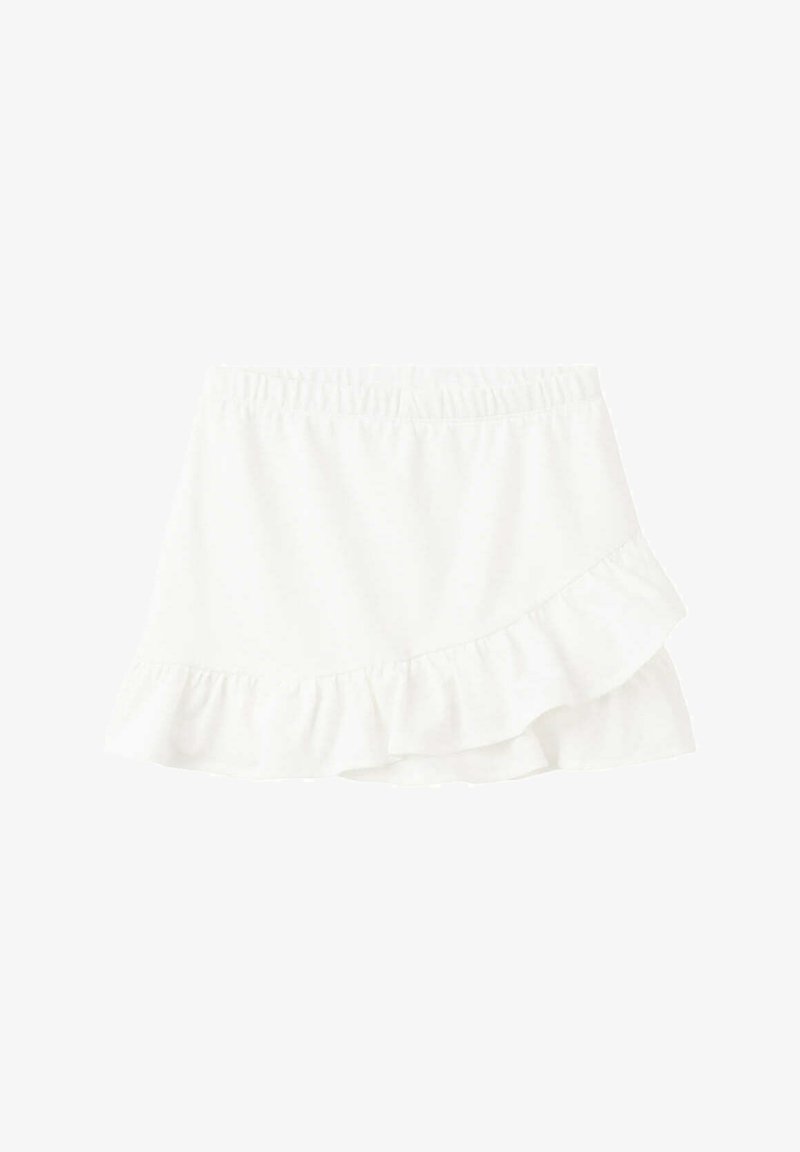 Mini-jupe blanche style portefeuille avec taille élastique et ourlet à volants, en tissu léger.