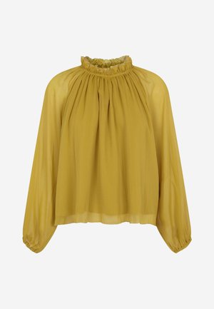 Langärmlige Bluse in Senfgelb mit gerafftem Ausschnitt und elastischen Bündchen. Hergestellt aus leichtem, durchsichtigem Stoff mit fließendem Design.