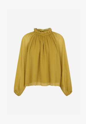 Hedvábná blůza s dlouhým rukávem v hořčicové žluté barvě s nařaseným výstřihem a elastickými manžetami. Vyrobena z lehkého, průsvitného materiálu s volně splývajícím designem.