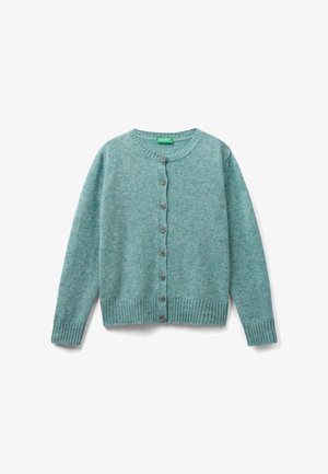 Türkise Strickjacke aus strukturiertem Strickstoff. Mit rundem Ausschnitt, Knopfverschluss und gerippten Bündchen und Saum.
