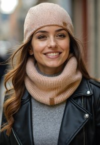 Mosolygó nő bézs kötött sapkával és hozzá illő nyakmelegítővel, szürke pulóverben és fekete bőrdzsekiben, lágy fényben a szabadban.
