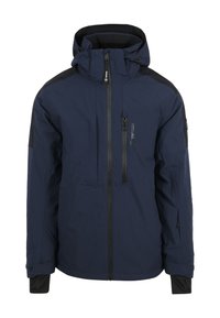 Mannen winterjack met marineblauwe kleur en zwarte accenten, voorrits, borstzak, verstelbare capuchon en mouw cuffs.