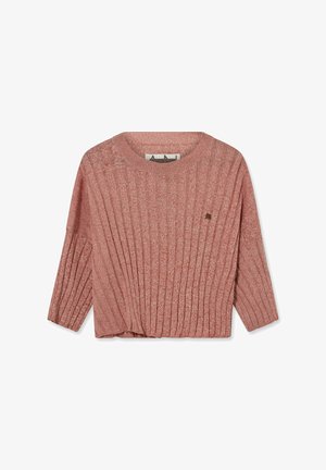 Pražen roza rebrasti pleteni pulover z dolgimi rokavi, okroglim izrezom in majhnim vezenim logotipom na prsnem delu.