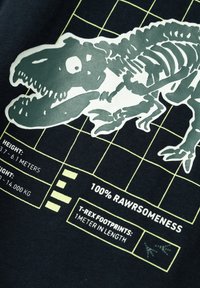 Black fabric with white and green dinosaur skeleton graphic. Includes text details on height, weight, and footprint size. Grid background.